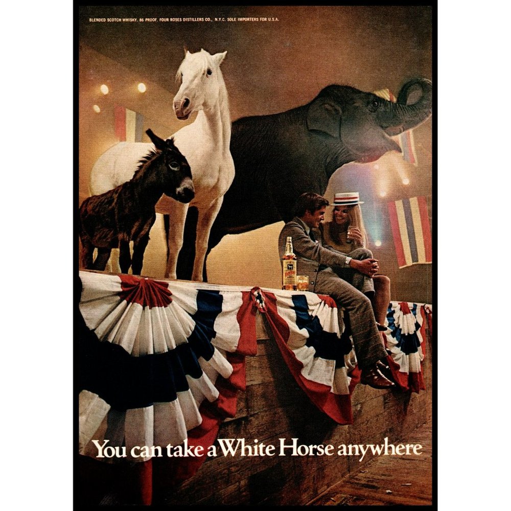 1972 White Horse Scotch Vintage Print Ad Political Rally Elephant Donkey Blonde
